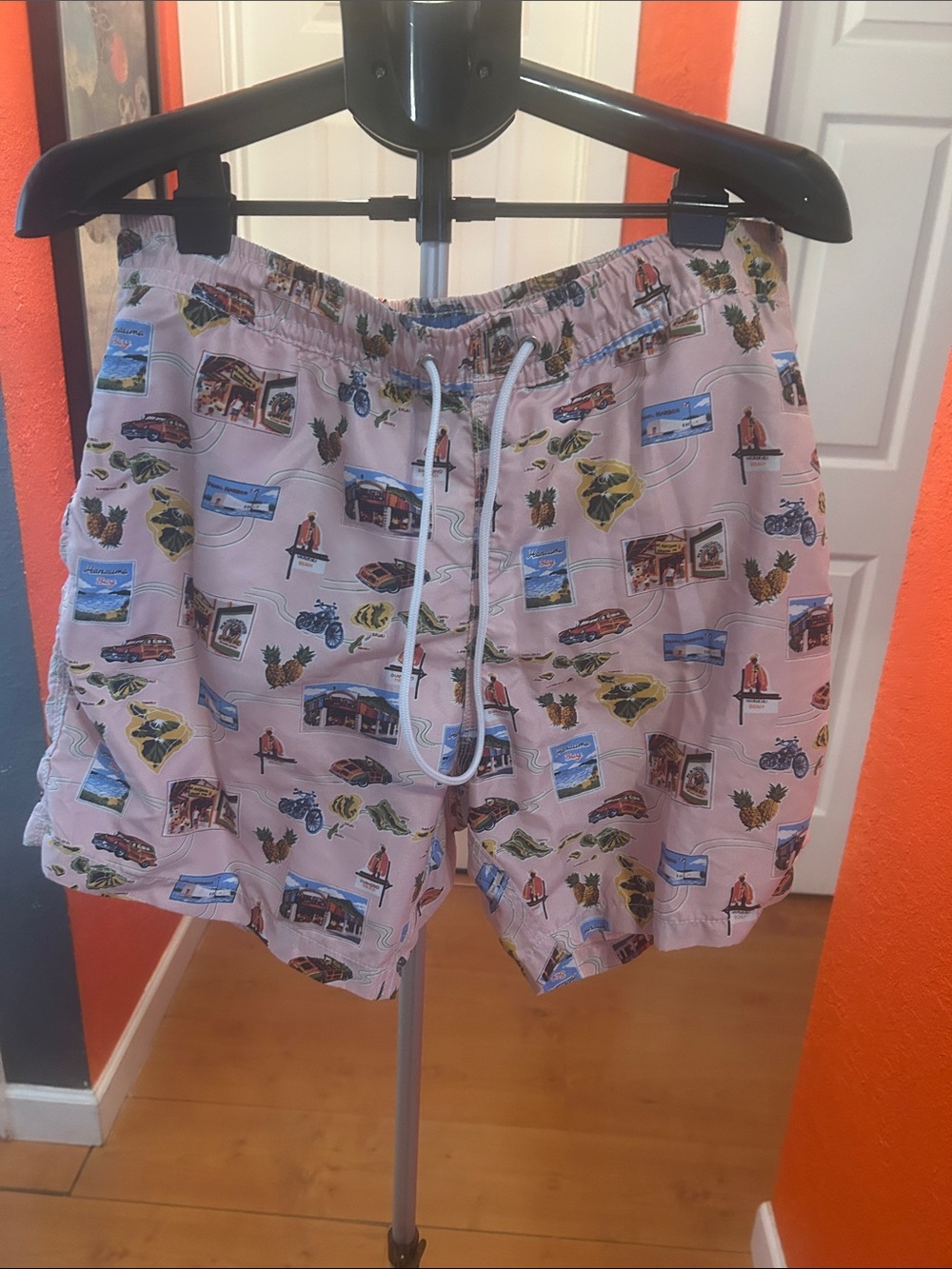 Men's Pink Printed Swim Trunks - Classic Drawstring Swim Shorts